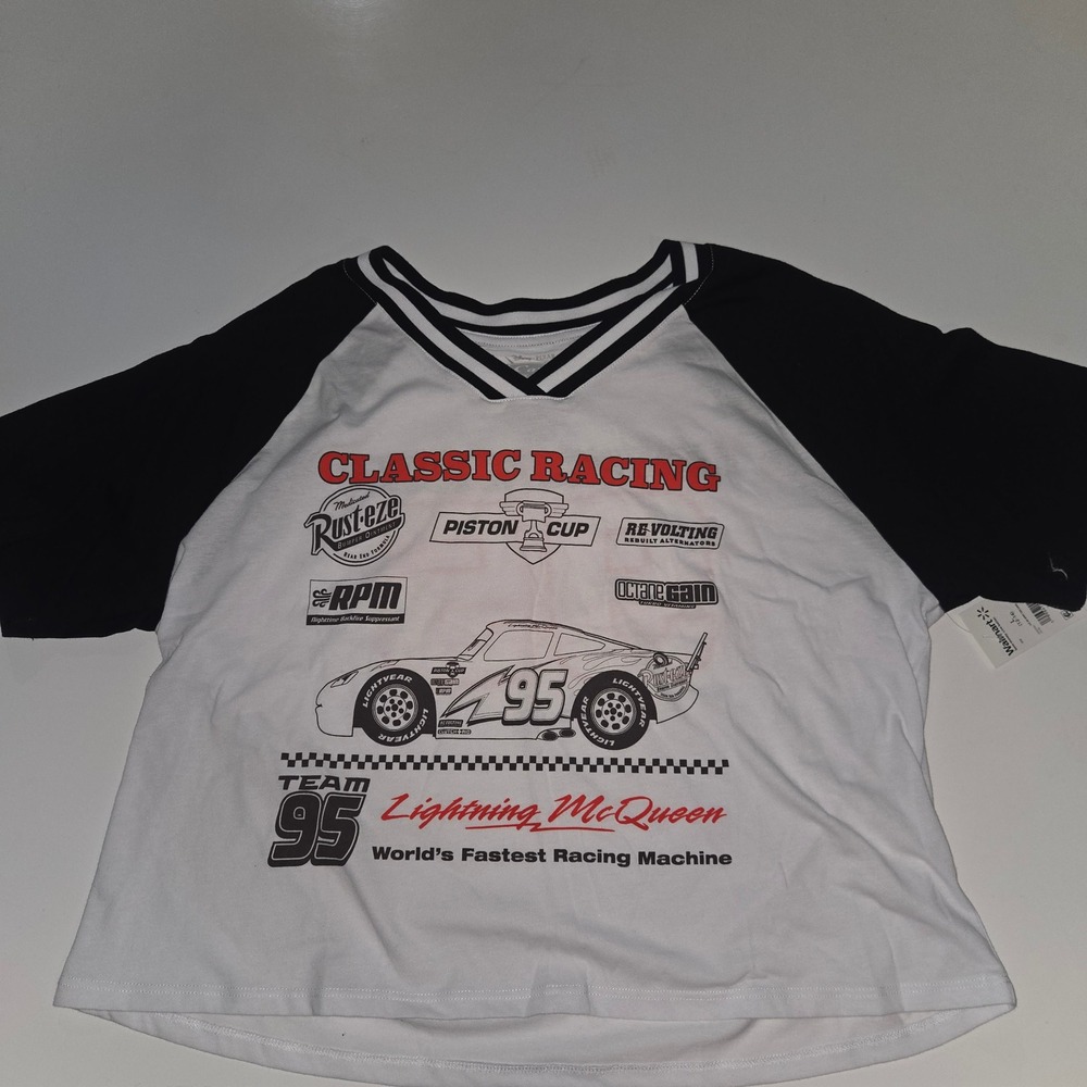 Disney Pixar Cars Lightning McQueen Racing Raglan T-Shirt White Black Womens L